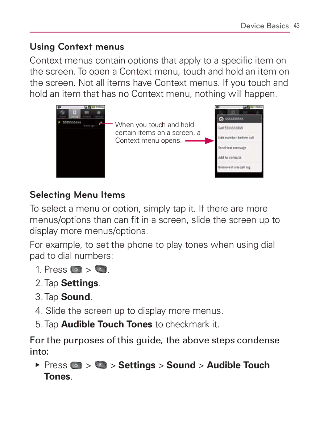 LG Electronics MFL67014001(1.2) manual Using Context menus, Selecting Menu Items, Tap Settings 