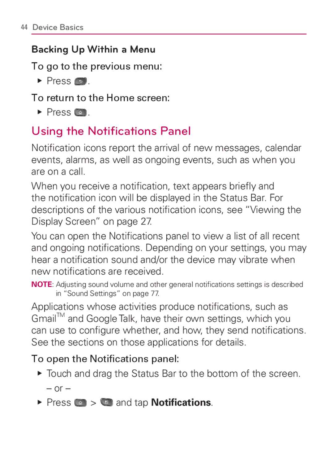 LG Electronics MFL67014001(1.2) manual Using the Notiﬁcations Panel, Backing Up Within a Menu 