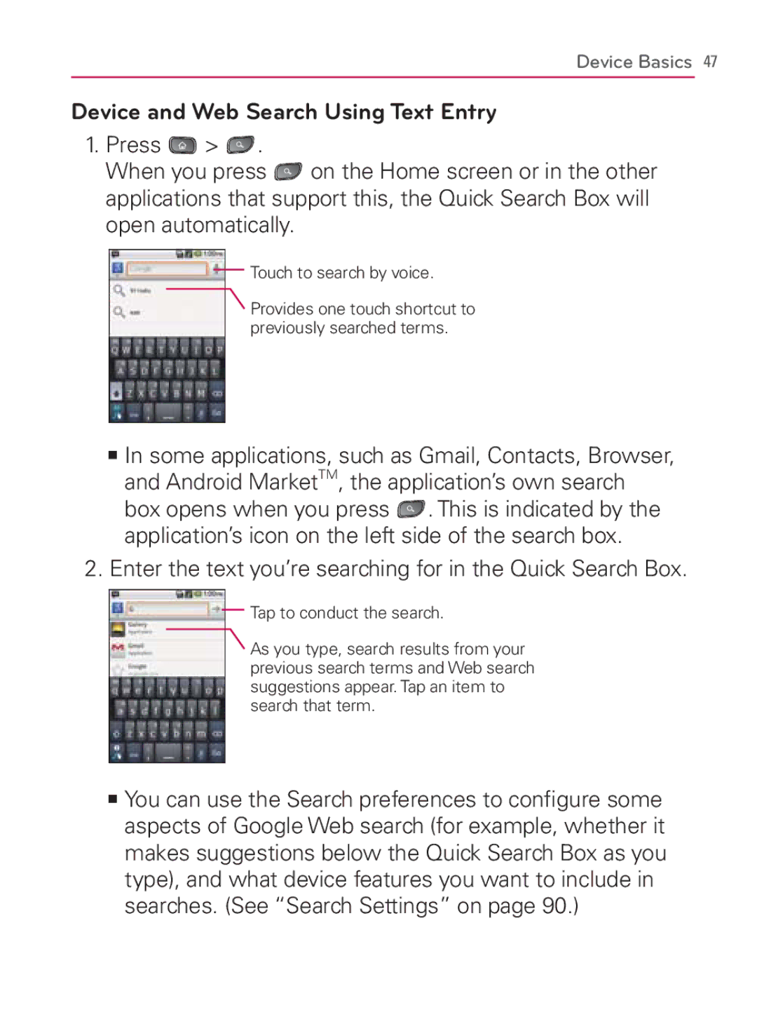 LG Electronics MFL67014001(1.2) manual Device and Web Search Using Text Entry 