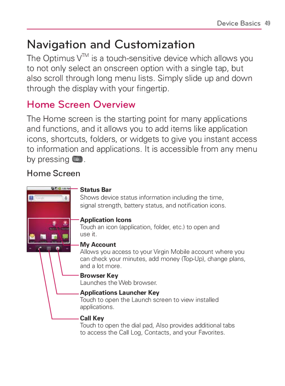 LG Electronics MFL67014001(1.2) manual Navigation and Customization, Home Screen Overview, By pressing Home Screen 