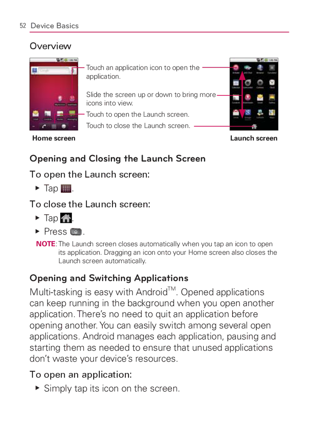 LG Electronics MFL67014001(1.2) manual Overview, Opening and Closing the Launch Screen, Opening and Switching Applications 