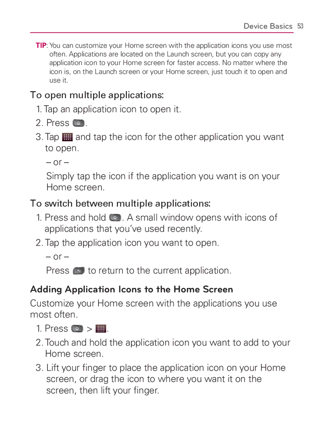 LG Electronics MFL67014001(1.2) manual Adding Application Icons to the Home Screen 