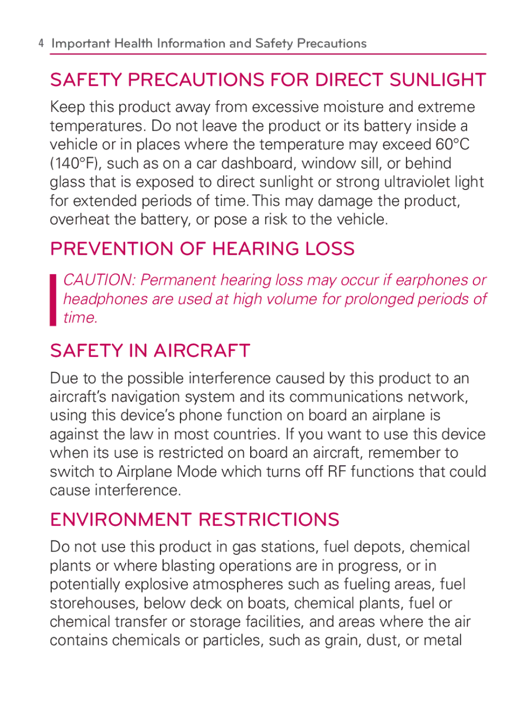 LG Electronics MFL67014001(1.2) manual Safety Precautions for Direct Sunlight 