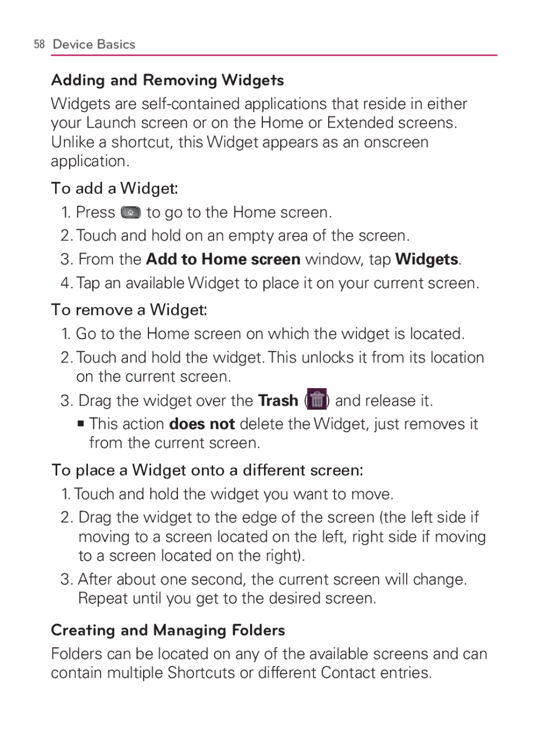 LG Electronics MFL67014001(1.2) manual Adding and Removing Widgets, From the Add to Home screen window, tap Widgets 