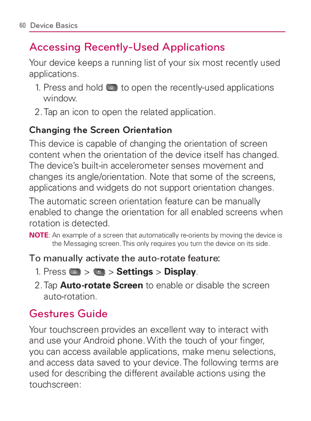 LG Electronics MFL67014001(1.2) Accessing Recently-Used Applications, Gestures Guide, Changing the Screen Orientation 