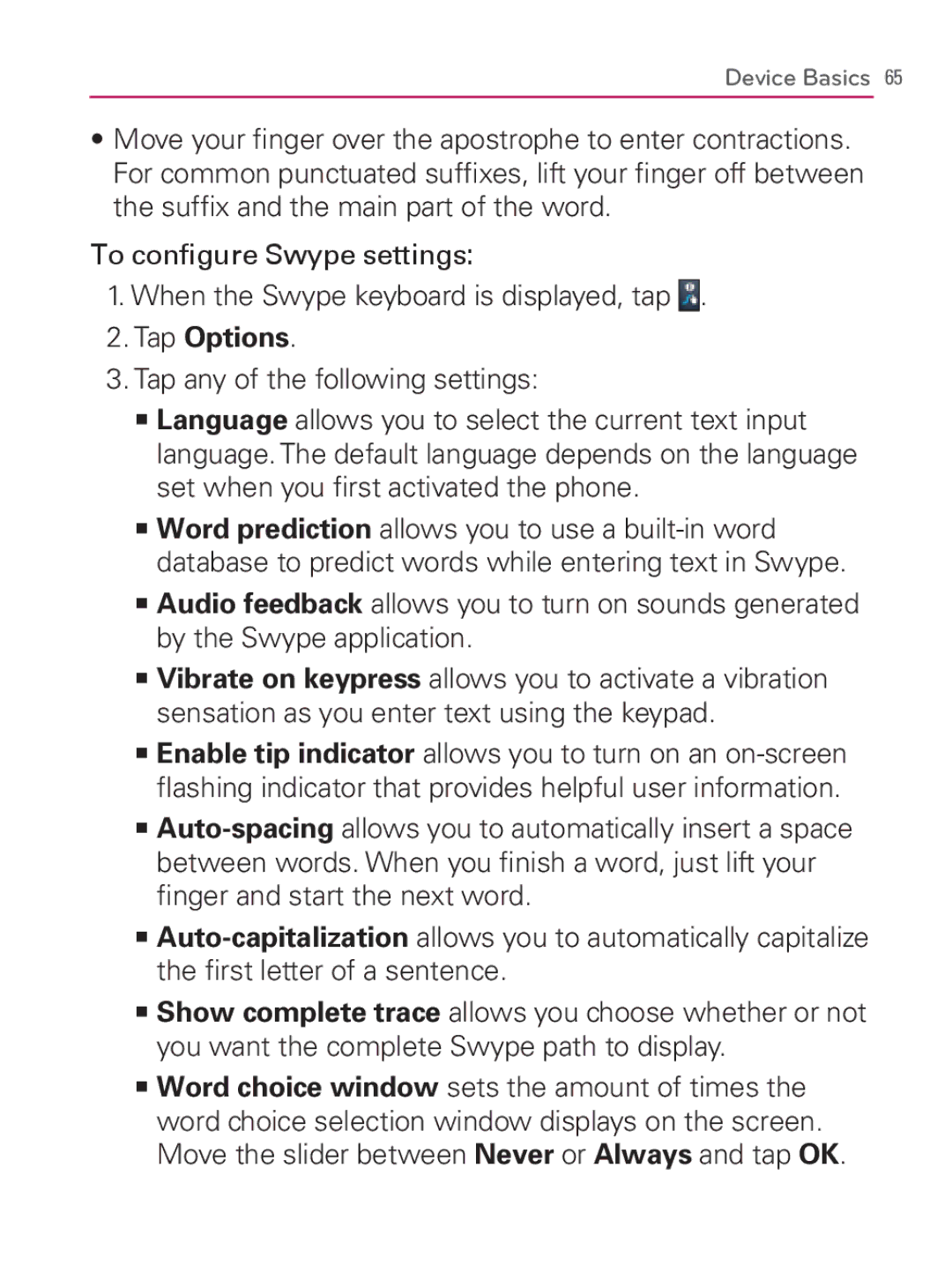 LG Electronics MFL67014001(1.2) manual To conﬁgure Swype settings, Tap Options, Tap any of the following settings 