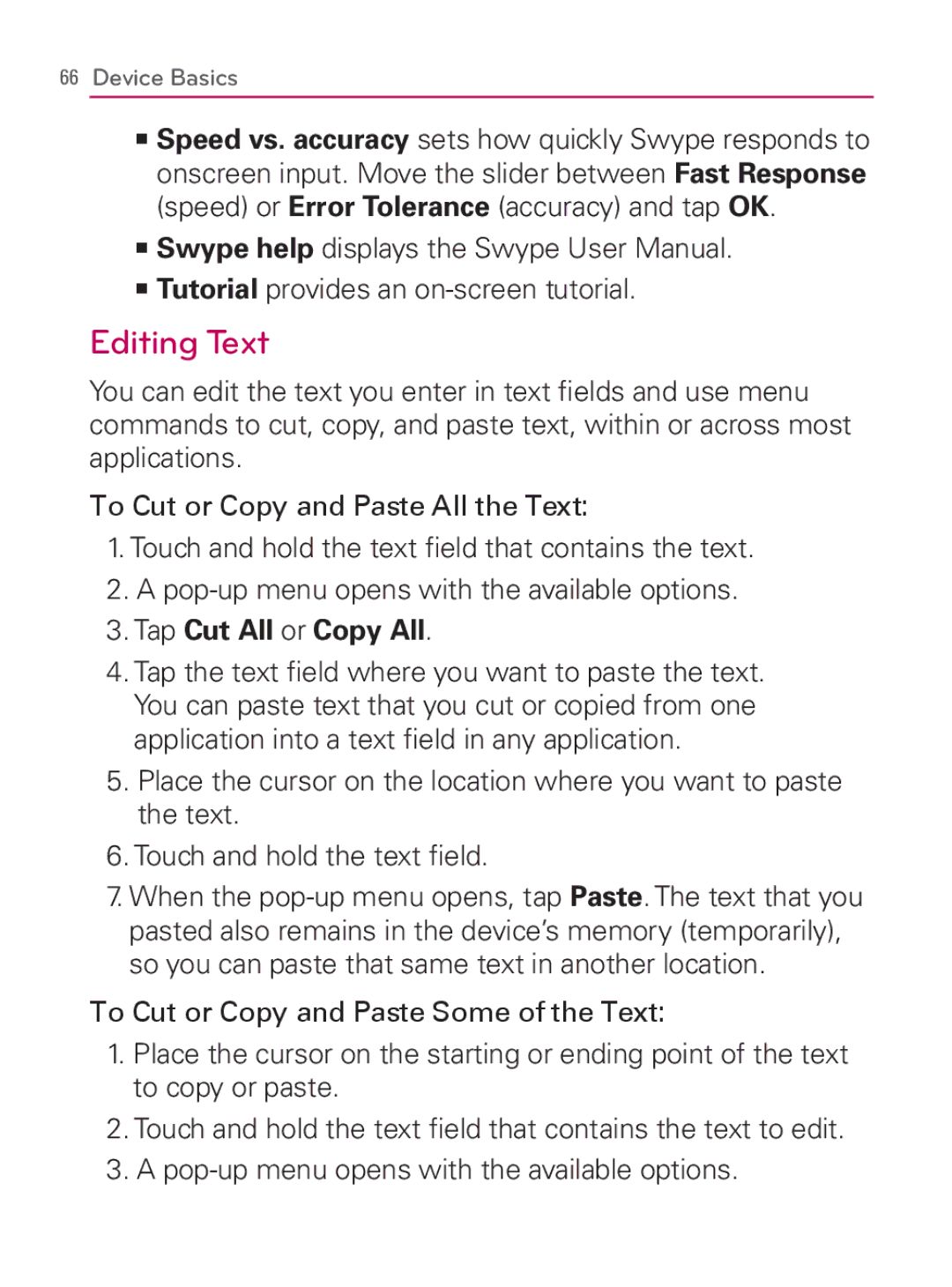 LG Electronics MFL67014001(1.2) manual Editing Text, Tutorial provides an on-screen tutorial, Tap Cut All or Copy All 