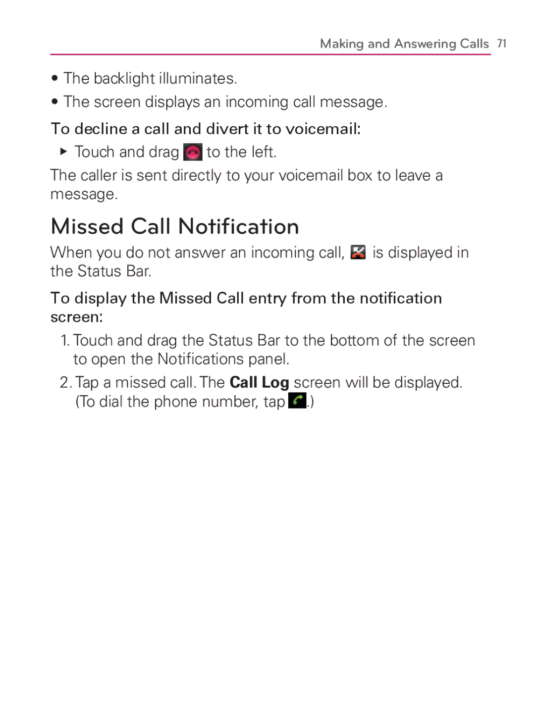 LG Electronics MFL67014001(1.2) manual Missed Call Notiﬁcation 