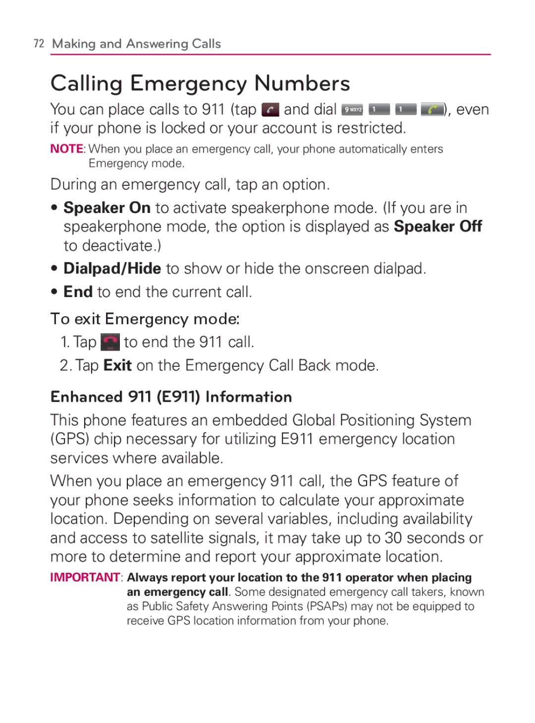 LG Electronics MFL67014001(1.2) manual Calling Emergency Numbers, Enhanced 911 E911 Information 