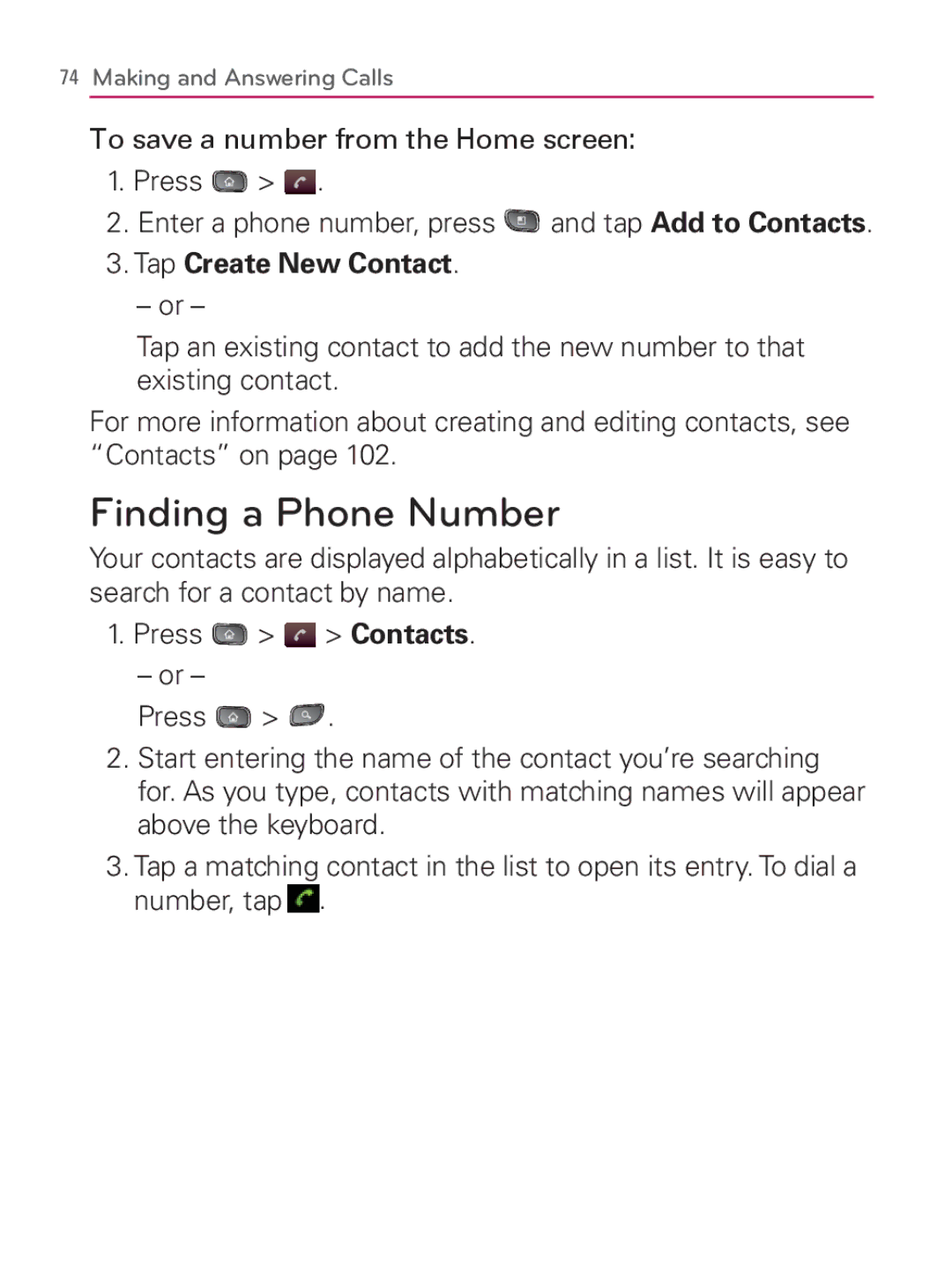 LG Electronics MFL67014001(1.2) manual Finding a Phone Number, Tap Create New Contact, Number, tap 