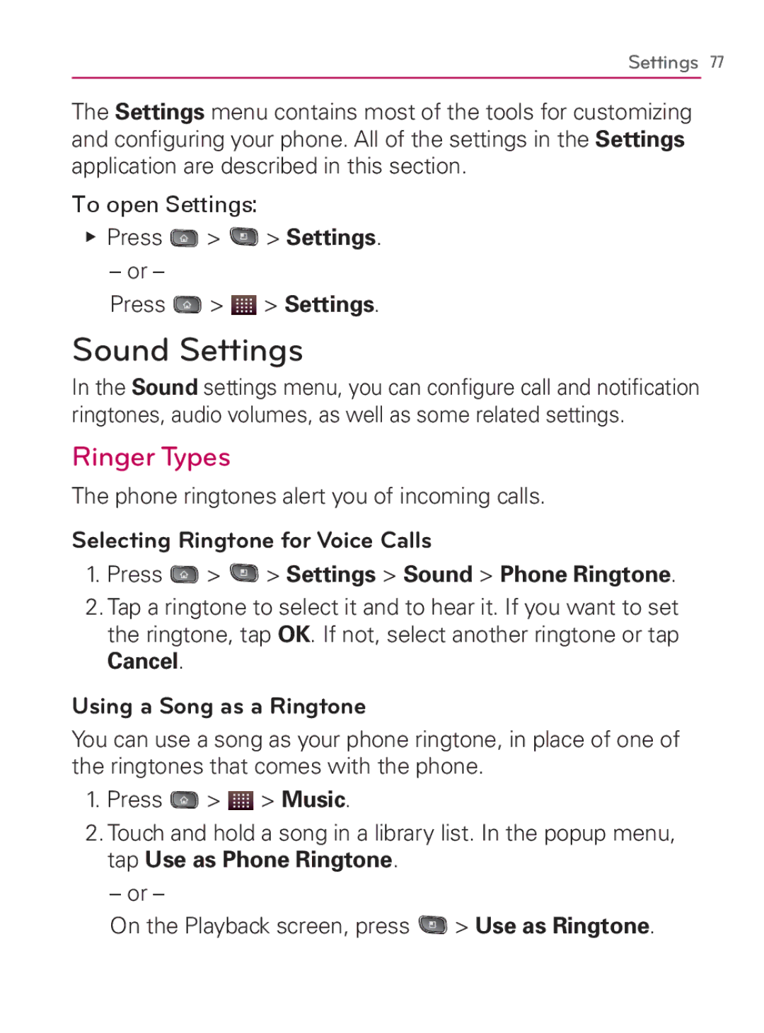 LG Electronics MFL67014001(1.2) manual Sound Settings, Ringer Types, Using a Song as a Ringtone 