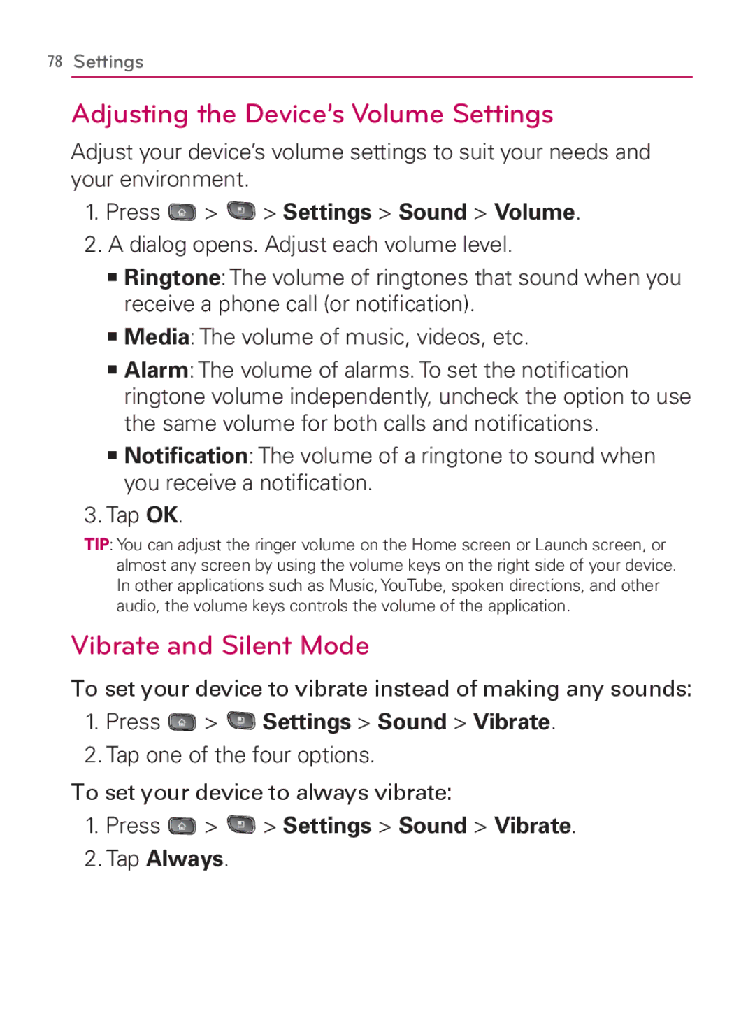 LG Electronics MFL67014001(1.2) manual Adjusting the Device’s Volume Settings, Vibrate and Silent Mode 