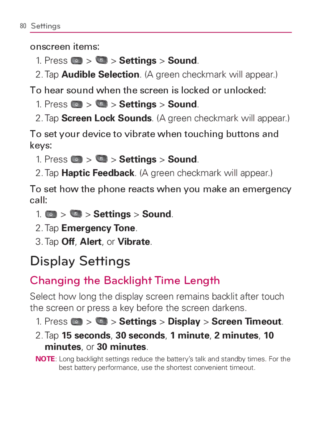 LG Electronics MFL67014001(1.2) manual Display Settings, Changing the Backlight Time Length 