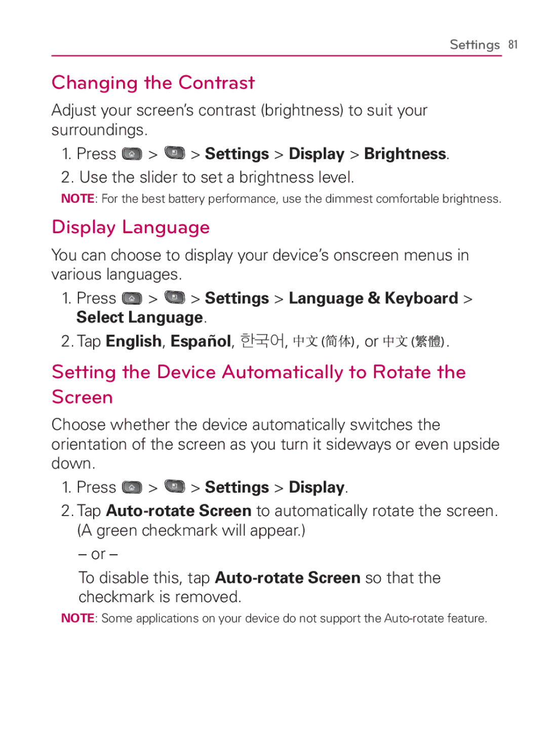 LG Electronics MFL67014001(1.2) manual Changing the Contrast, Display Language, Press Settings Display Brightness 