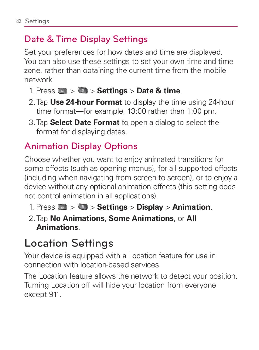 LG Electronics MFL67014001(1.2) manual Location Settings, Date & Time Display Settings, Animation Display Options 