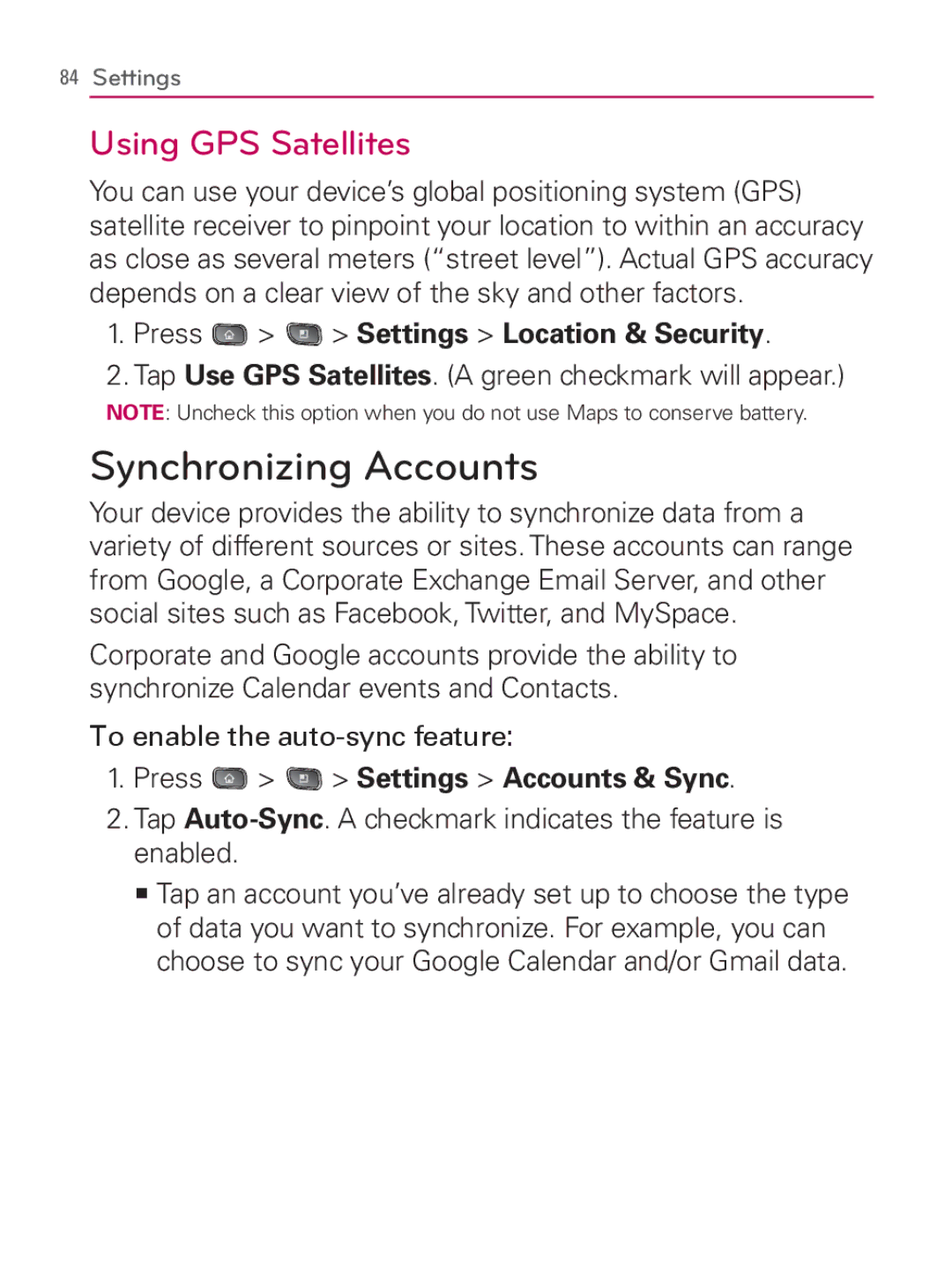 LG Electronics MFL67014001(1.2) manual Synchronizing Accounts, Using GPS Satellites, Press Settings Location & Security 