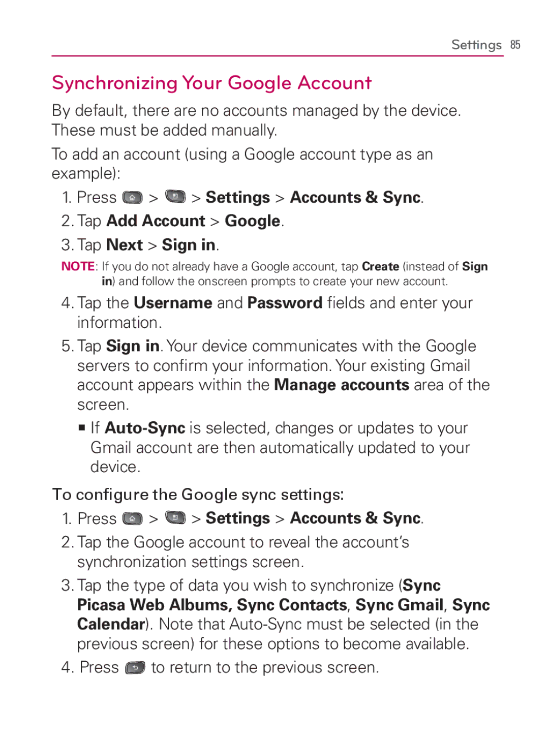 LG Electronics MFL67014001(1.2) manual Synchronizing Your Google Account, Press to return to the previous screen 