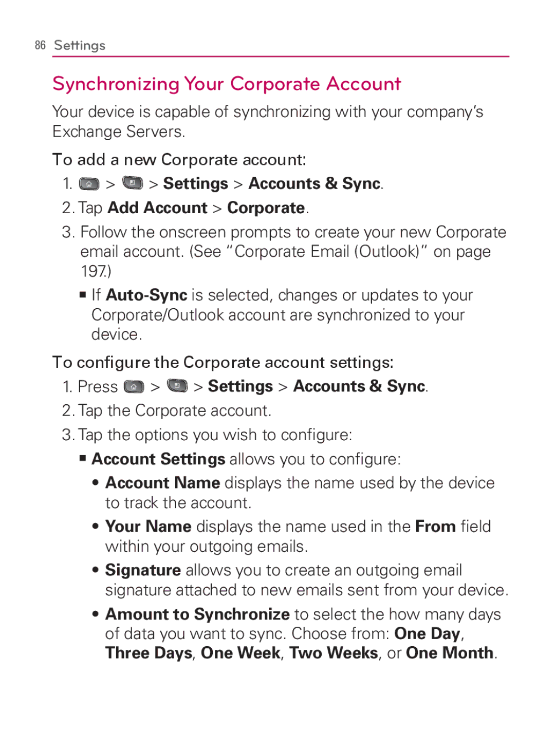 LG Electronics MFL67014001(1.2) Synchronizing Your Corporate Account, Settings Accounts & Sync Tap Add Account Corporate 