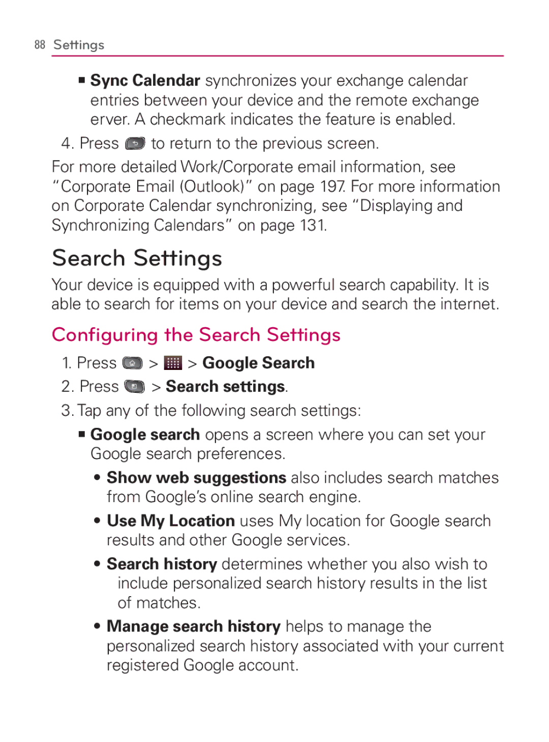 LG Electronics MFL67014001(1.2) manual Conﬁguring the Search Settings, Press Google Search Press Search settings 