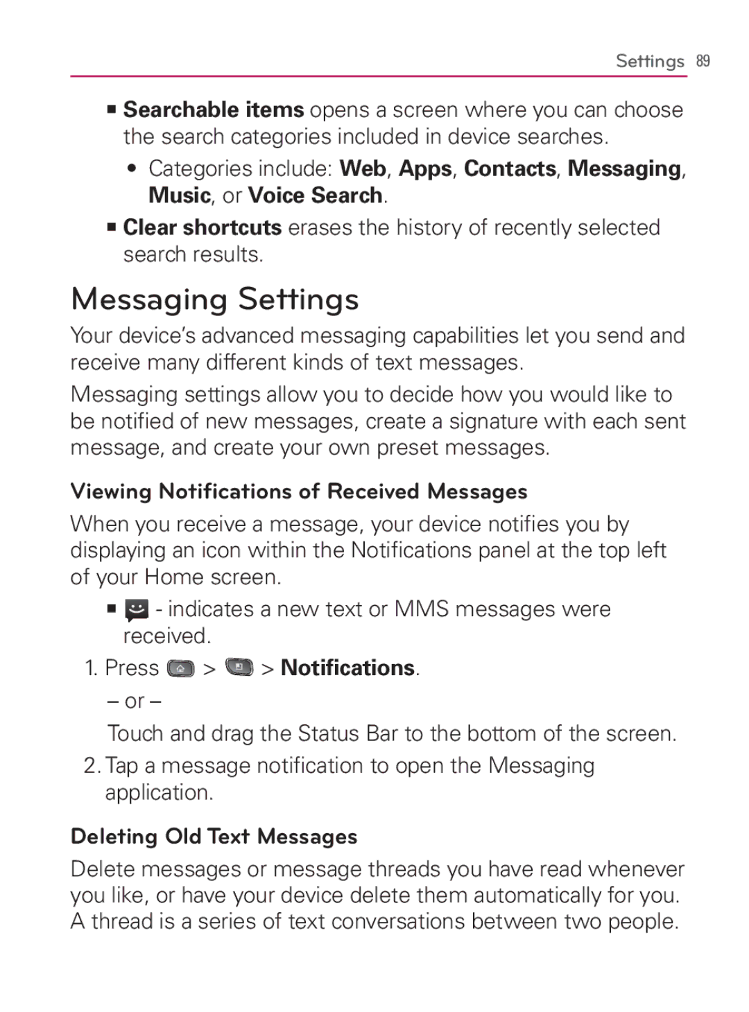 LG Electronics MFL67014001(1.2) Messaging Settings, Viewing Notiﬁcations of Received Messages, Deleting Old Text Messages 