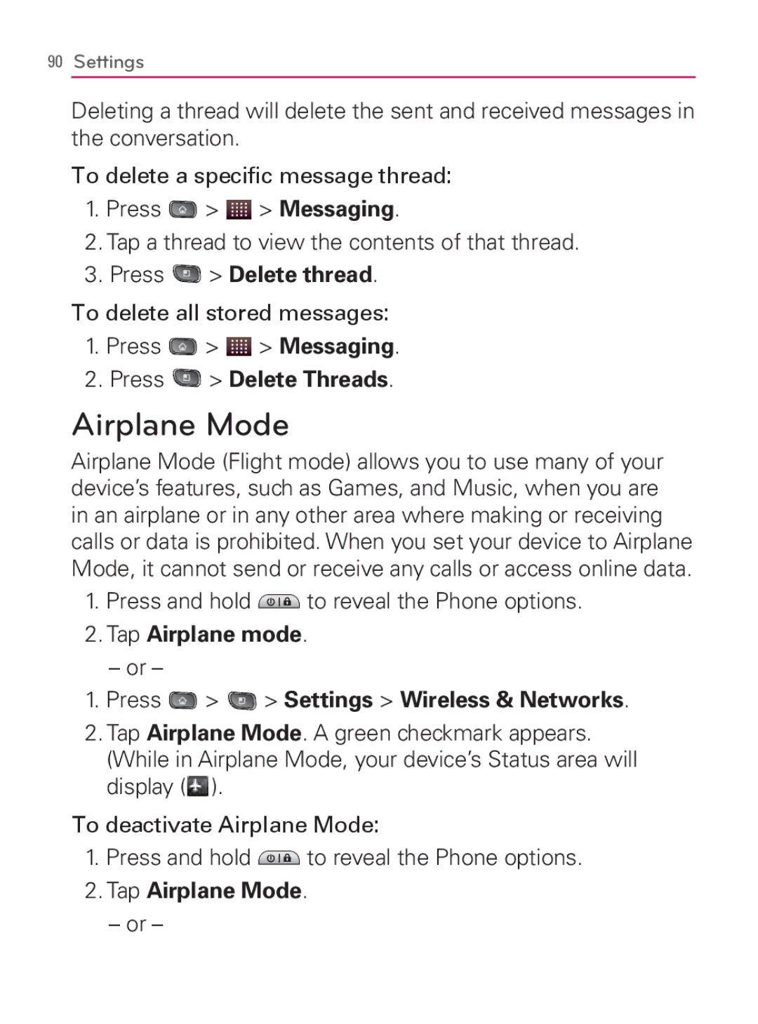 LG Electronics MFL67014001(1.2) manual Press Delete thread, Press Delete Threads, Tap Airplane Mode 