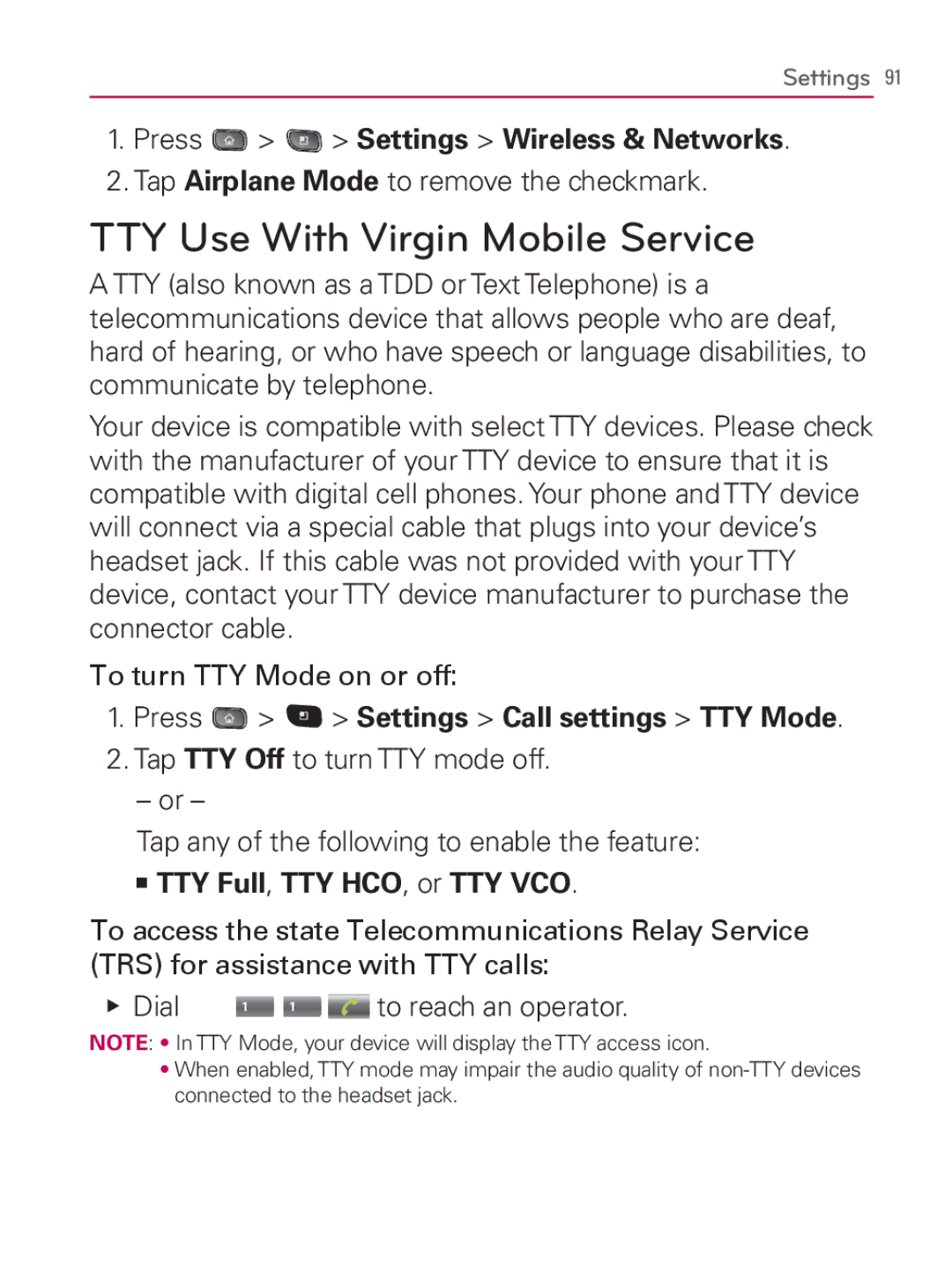 LG Electronics MFL67014001(1.2) manual TTY Use With Virgin Mobile Service, Tap Airplane Mode to remove the checkmark 