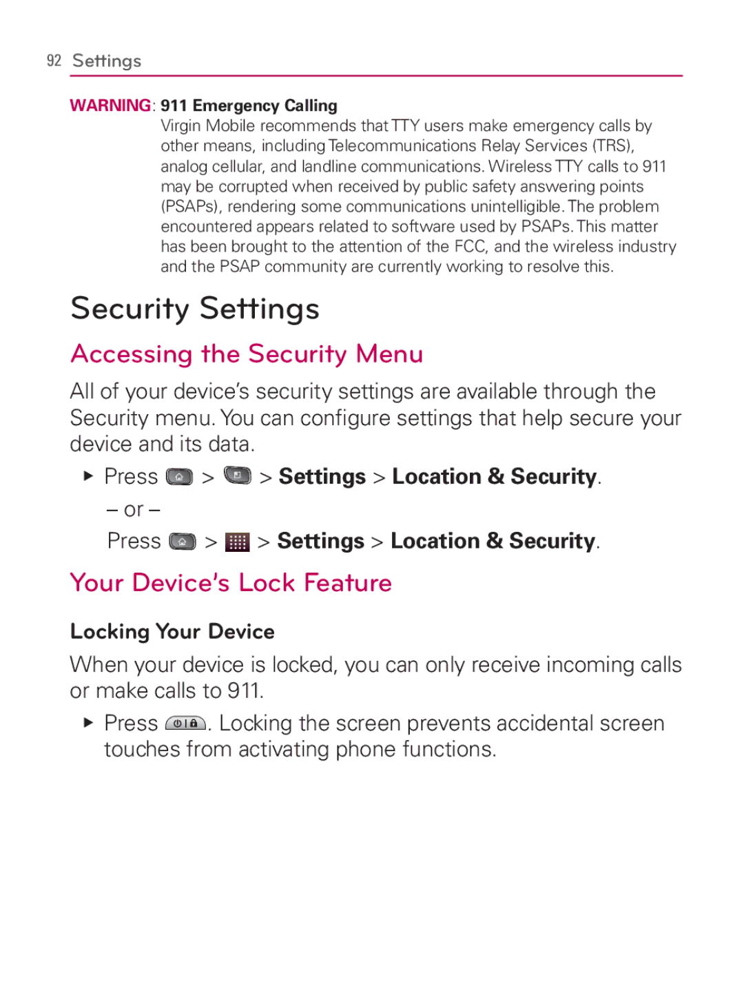 LG Electronics MFL67014001(1.2) manual Security Settings, Accessing the Security Menu, Your Device’s Lock Feature 