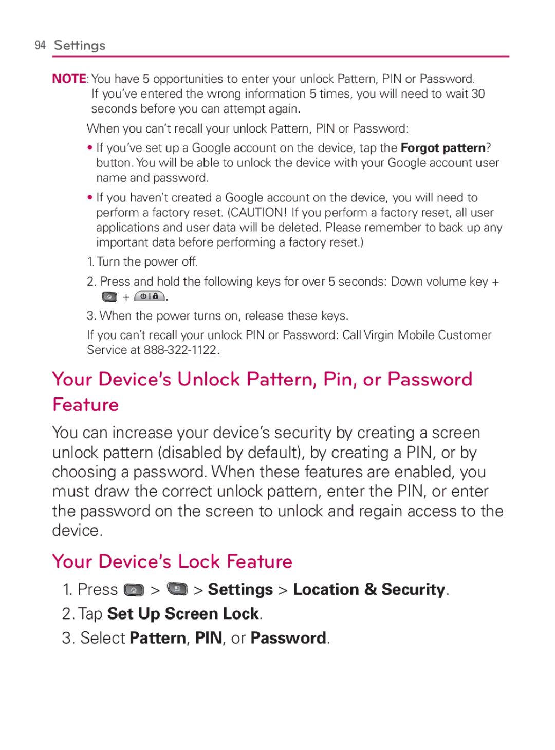 LG Electronics MFL67014001(1.2) manual Your Device’s Unlock Pattern, Pin, or Password Feature 