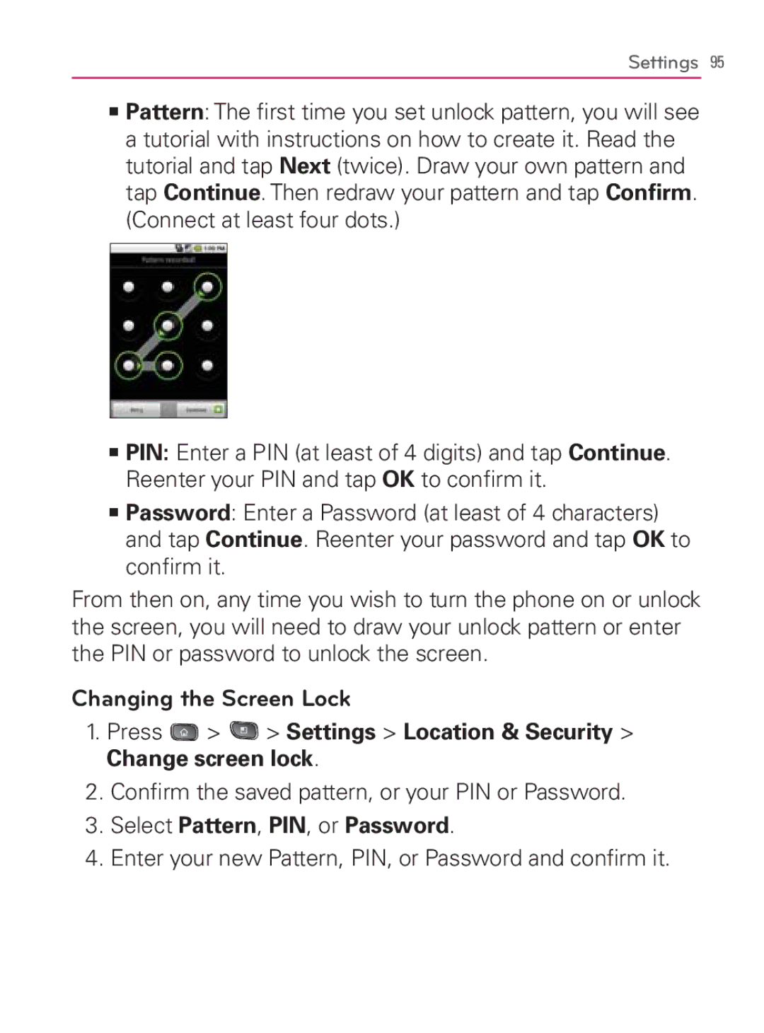 LG Electronics MFL67014001(1.2) manual Conﬁrm the saved pattern, or your PIN or Password 