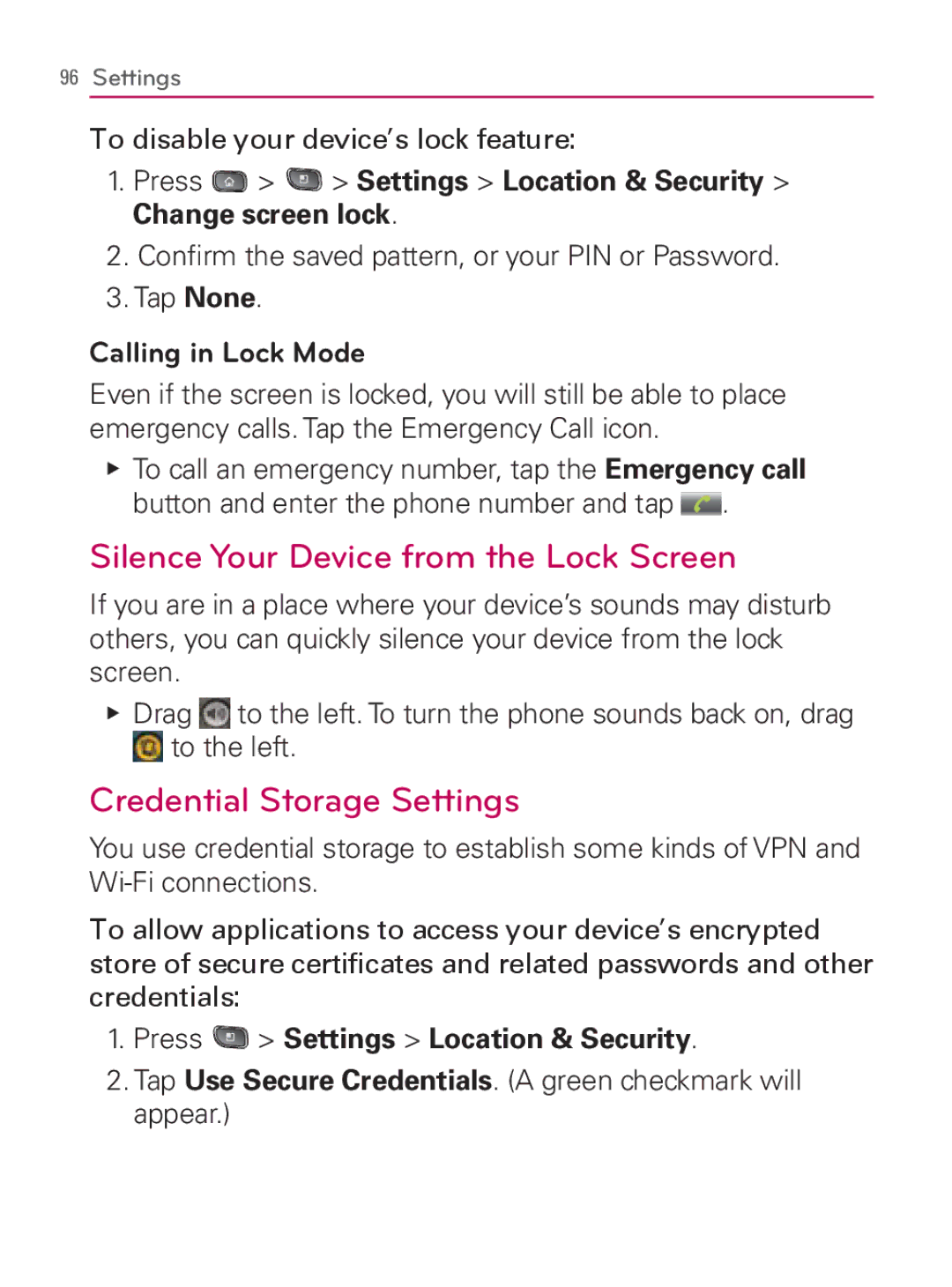 LG Electronics MFL67014001(1.2) manual Silence Your Device from the Lock Screen, Credential Storage Settings 