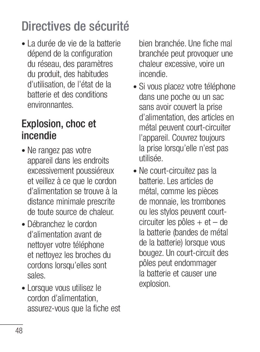 LG Electronics MFL67020402 manual Explosion, choc et incendie, La batterie et causer une explosion 