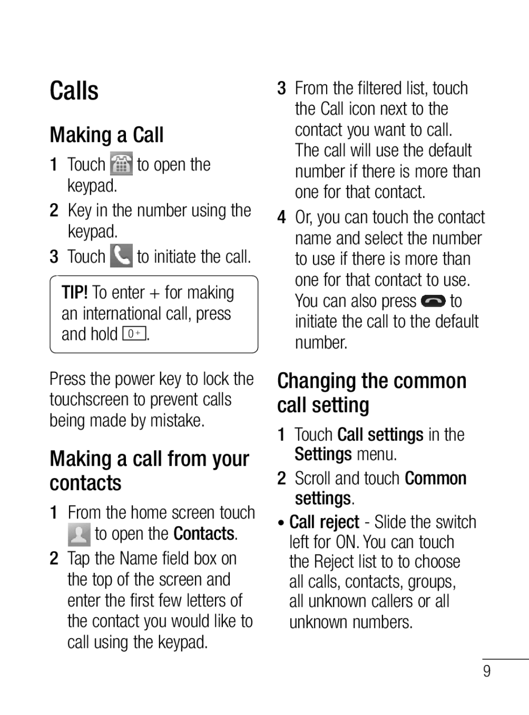 LG Electronics MFL67020402 manual Calls, Making a Call, Making a call from your contacts, Changing the common call setting 