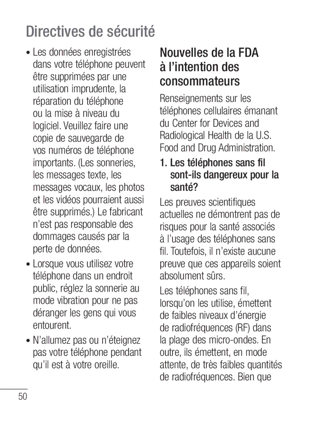 LG Electronics MFL67020402 manual Nouvelles de la FDA, ’intention des consommateurs 