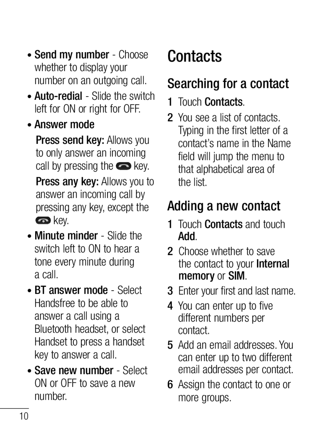 LG Electronics MFL67020402 manual Contacts, Searching for a contact, Adding a new contact 