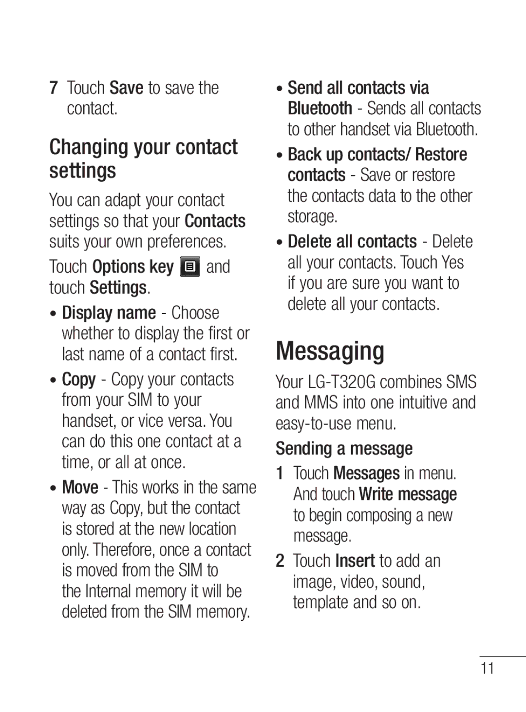 LG Electronics MFL67020402 manual Messaging, Changing your contact settings 