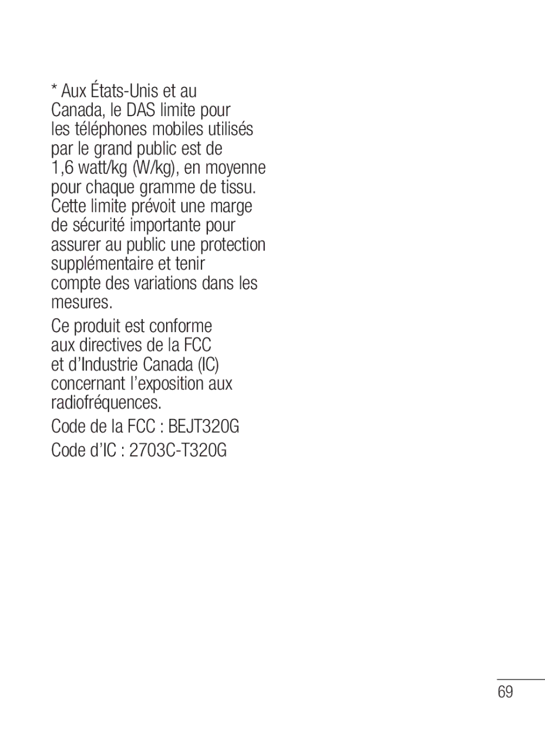 LG Electronics MFL67020402 manual Code de la FCC BEJT320G Code d’IC 2703C-T320G 