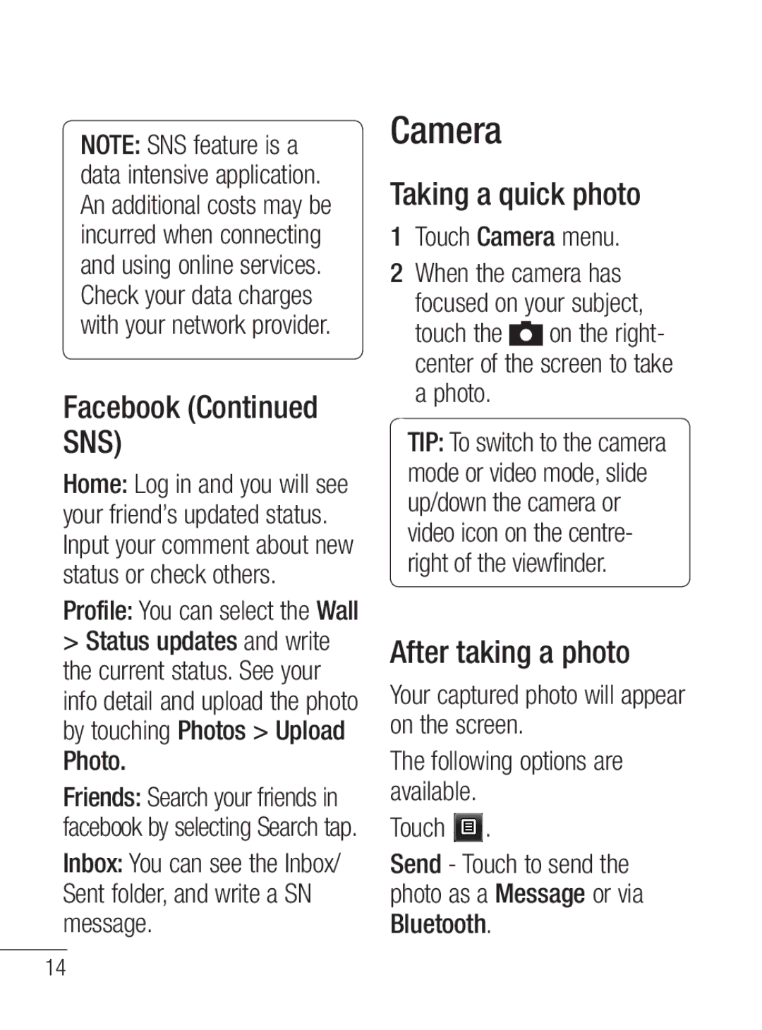 LG Electronics MFL67020402 manual Facebook SNS, Taking a quick photo, After taking a photo, Touch Camera menu 