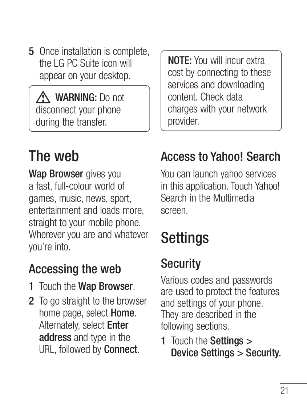 LG Electronics MFL67020402 manual Web, Settings, Accessing the web, Access to Yahoo! Search, Security 