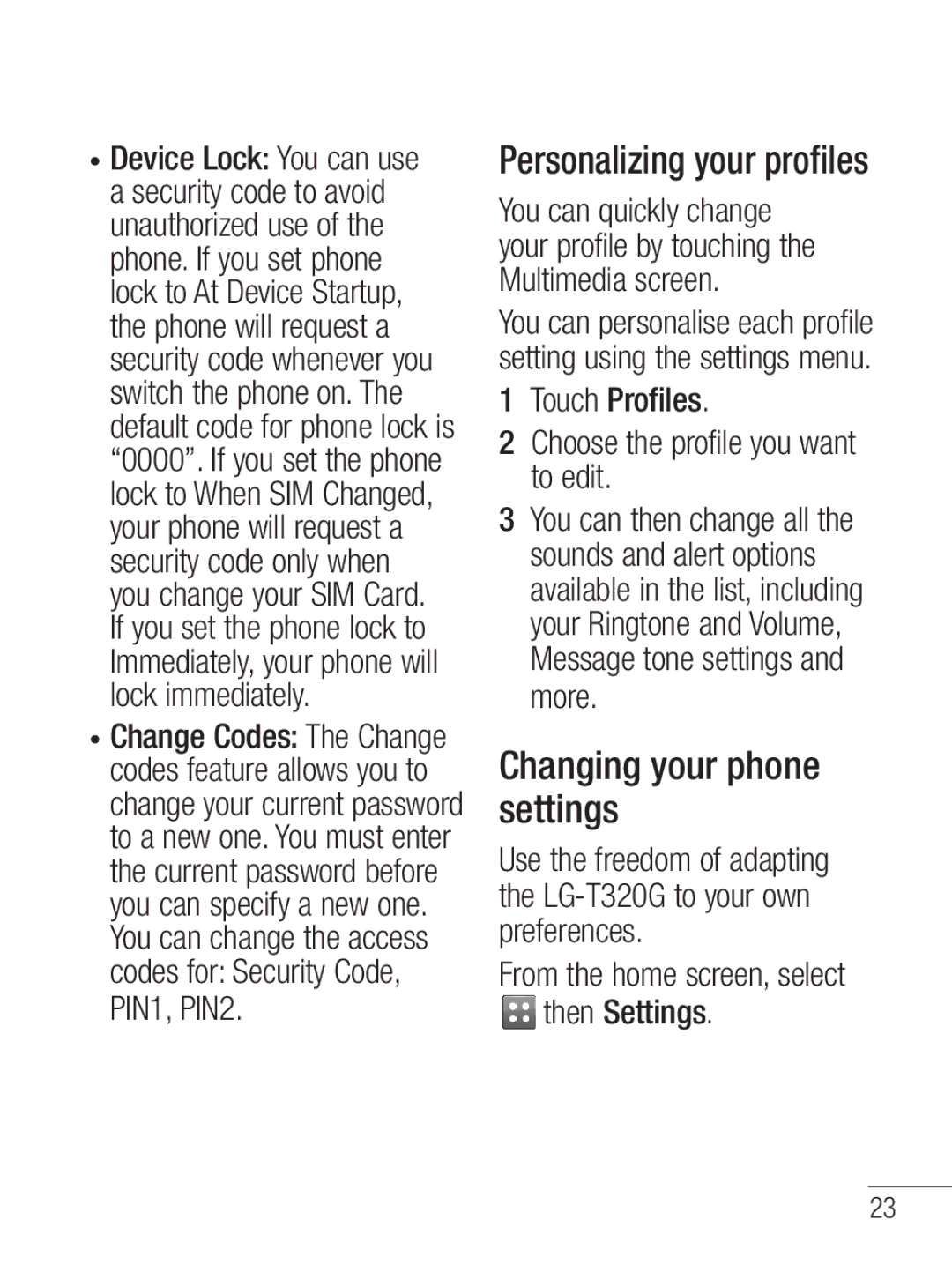 LG Electronics MFL67020402 manual Personalizing your profiles, Changing your phone settings 