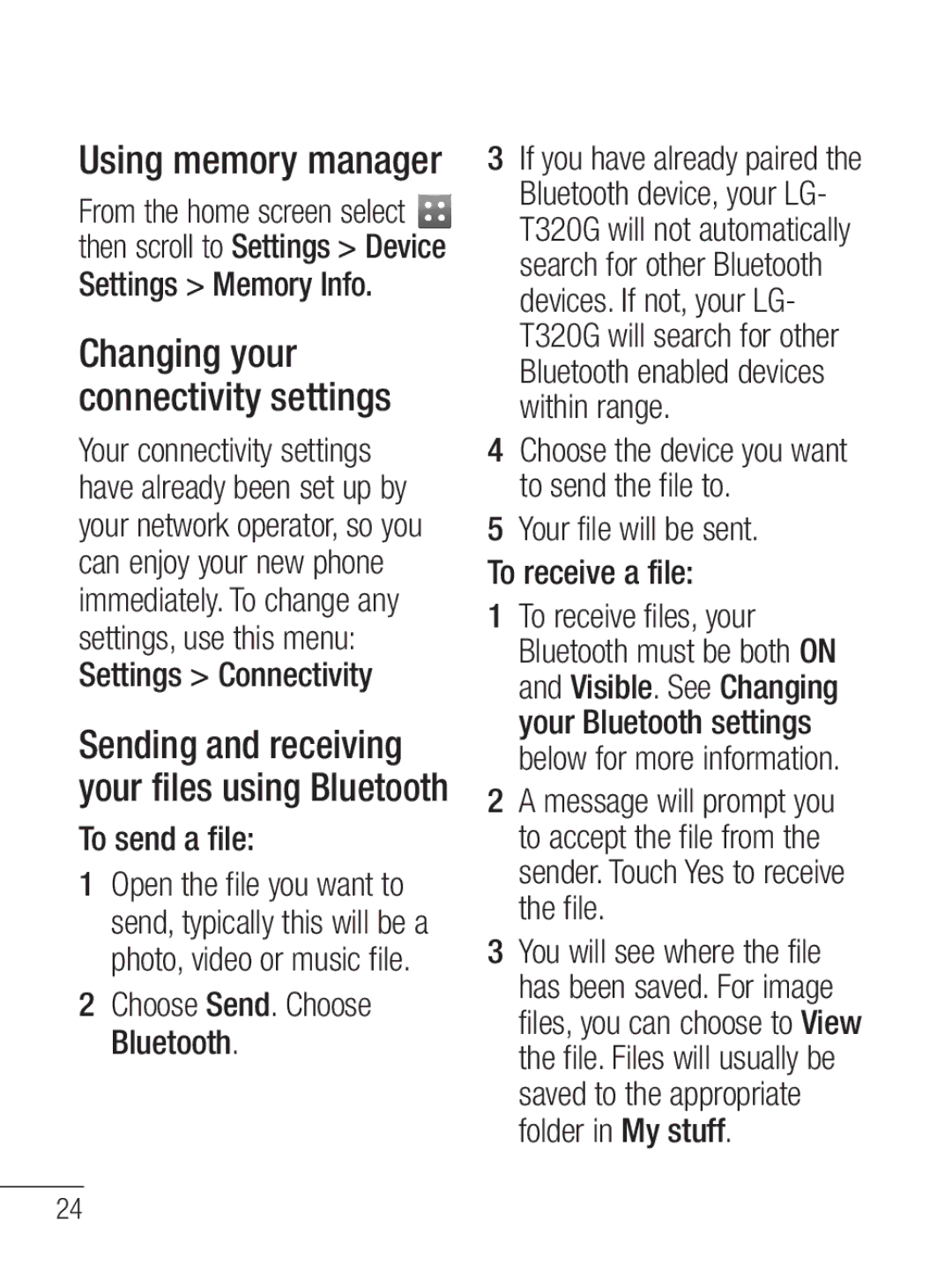 LG Electronics MFL67020402 manual Using memory manager, Settings Memory Info, Choose Send. Choose Bluetooth 