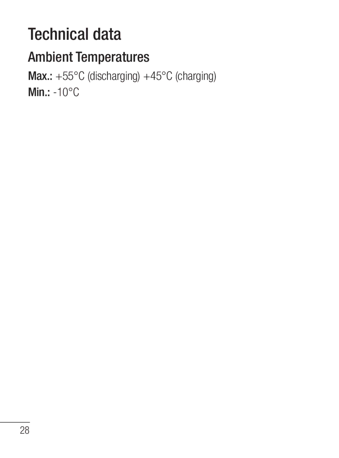 LG Electronics MFL67020402 manual Technical data, Ambient Temperatures, Max. +55C discharging +45C charging Min. -10C 