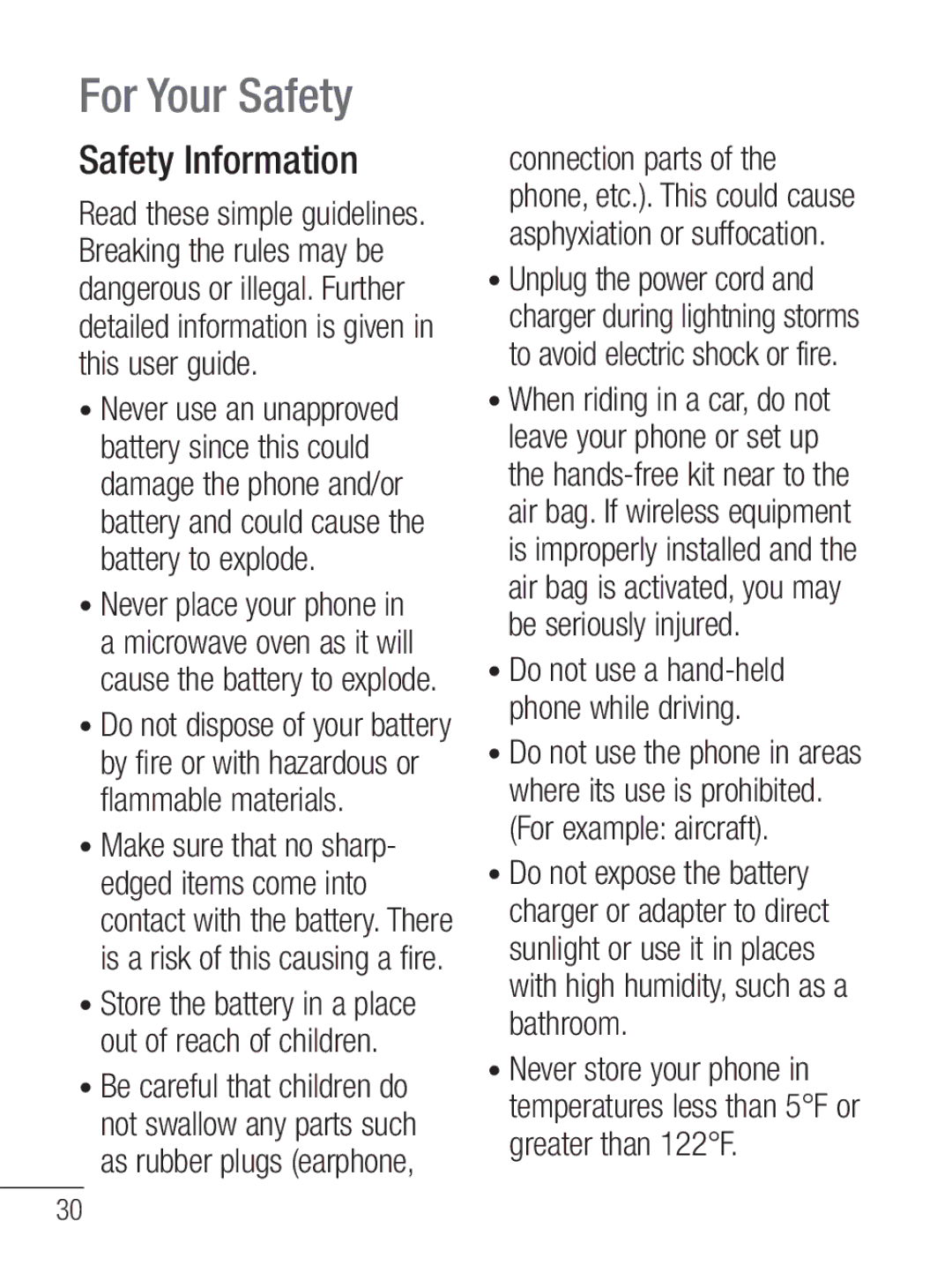 LG Electronics MFL67020402 manual Safety Information, Do not use a hand-held phone while driving 