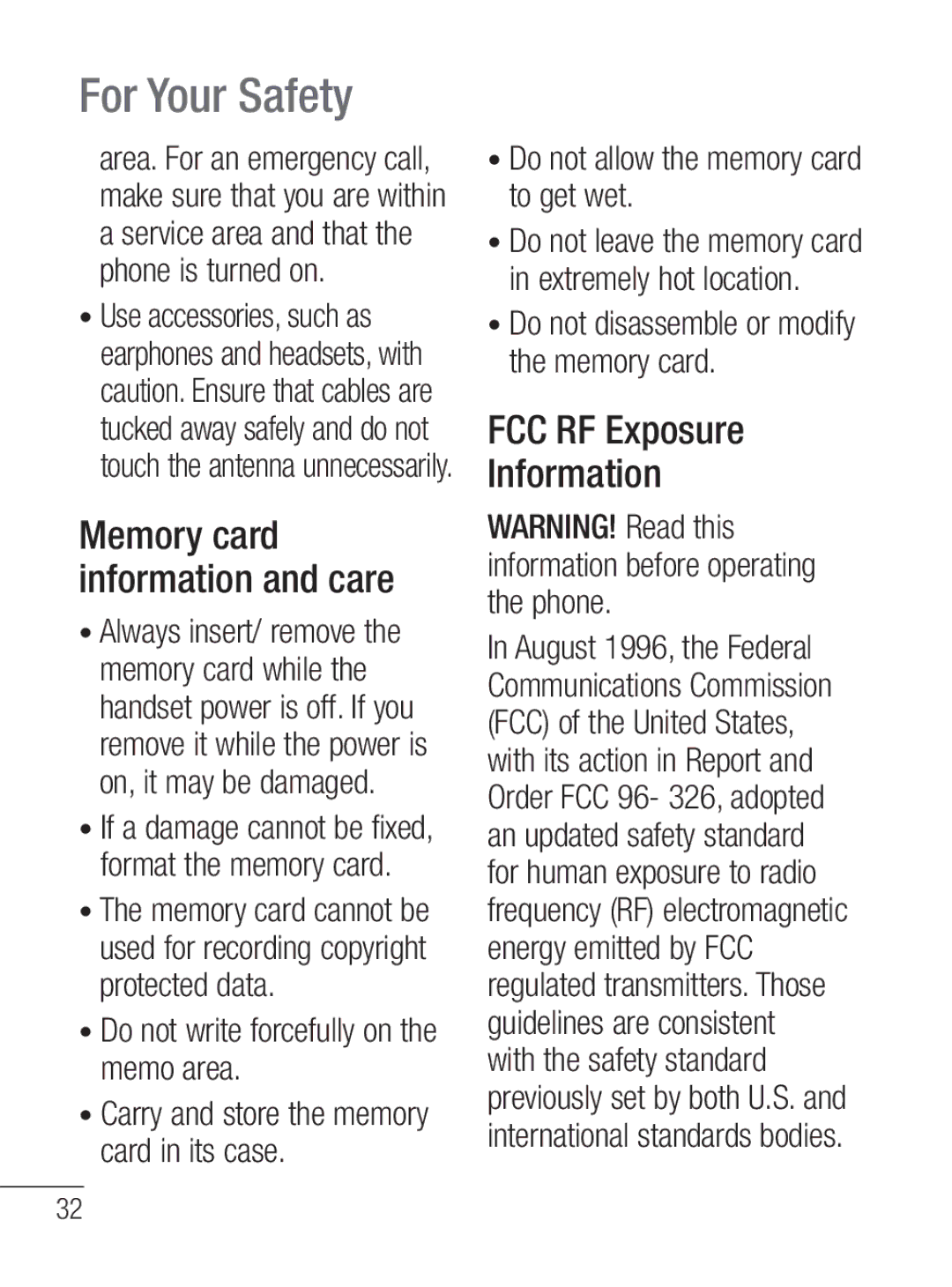 LG Electronics MFL67020402 manual FCC RF Exposure Information, Memory card information and care 