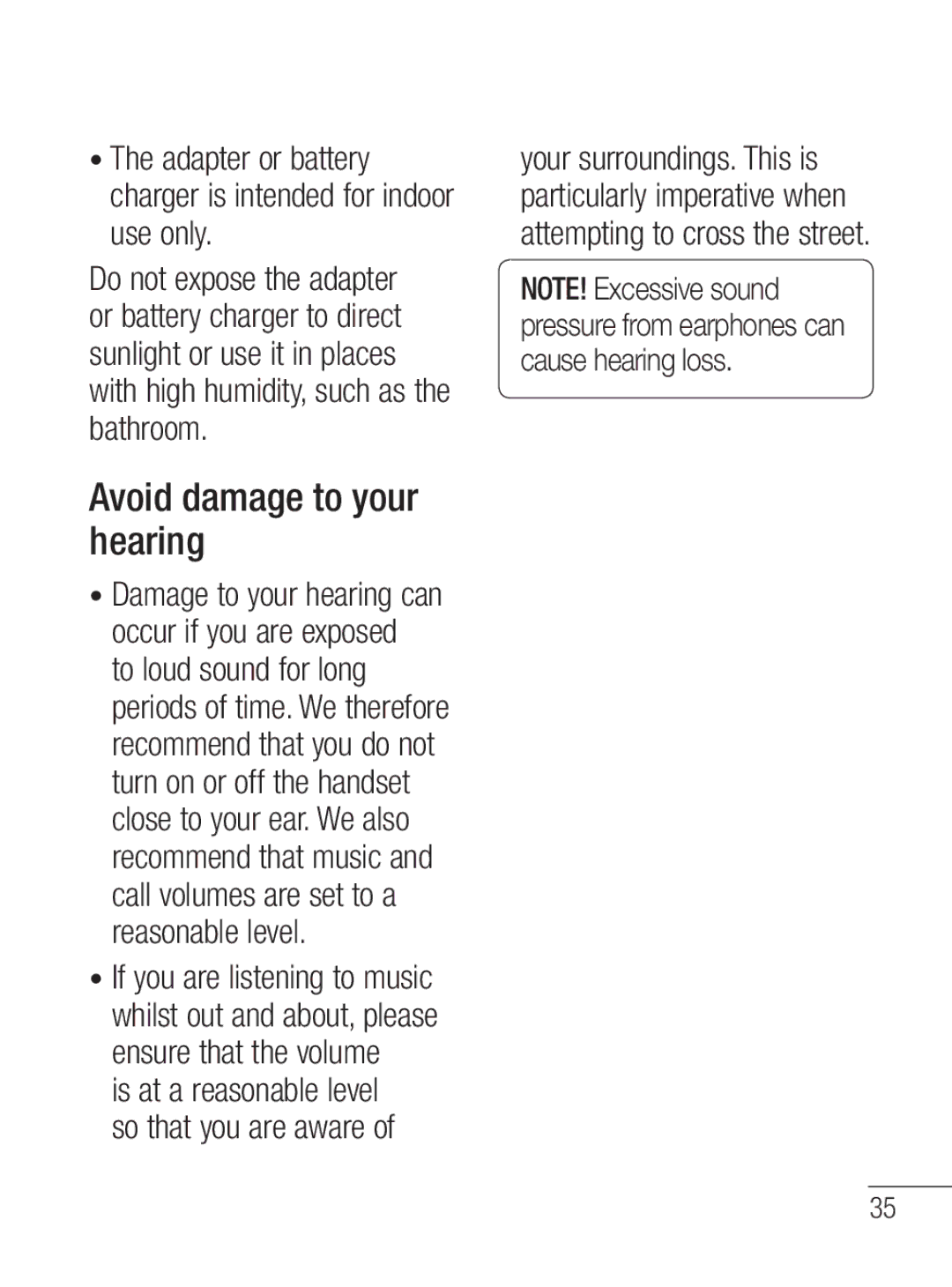 LG Electronics MFL67020402 manual Avoid damage to your hearing, Adapter or battery charger is intended for indoor use only 