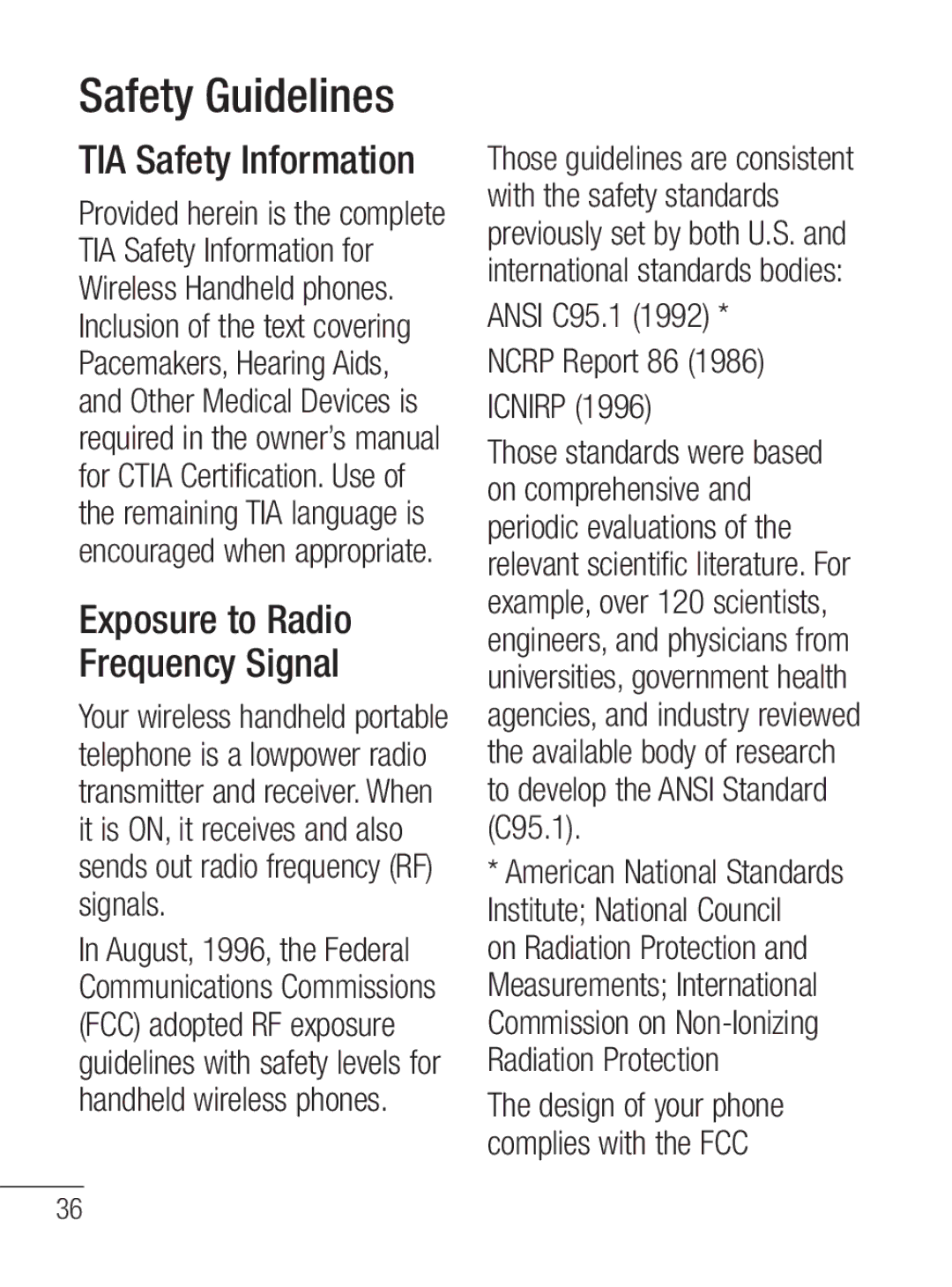 LG Electronics MFL67020402 manual Safety Guidelines, TIA Safety Information Exposure to Radio Frequency Signal 