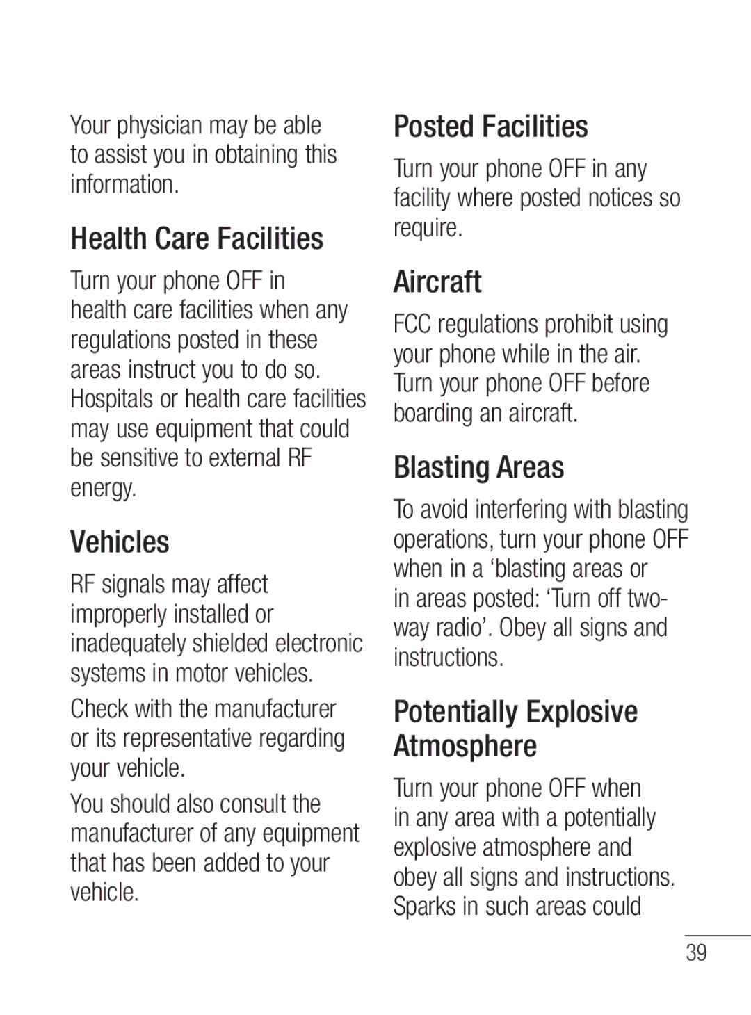 LG Electronics MFL67020402 manual Health Care Facilities, Vehicles, Posted Facilities, Aircraft, Blasting Areas 