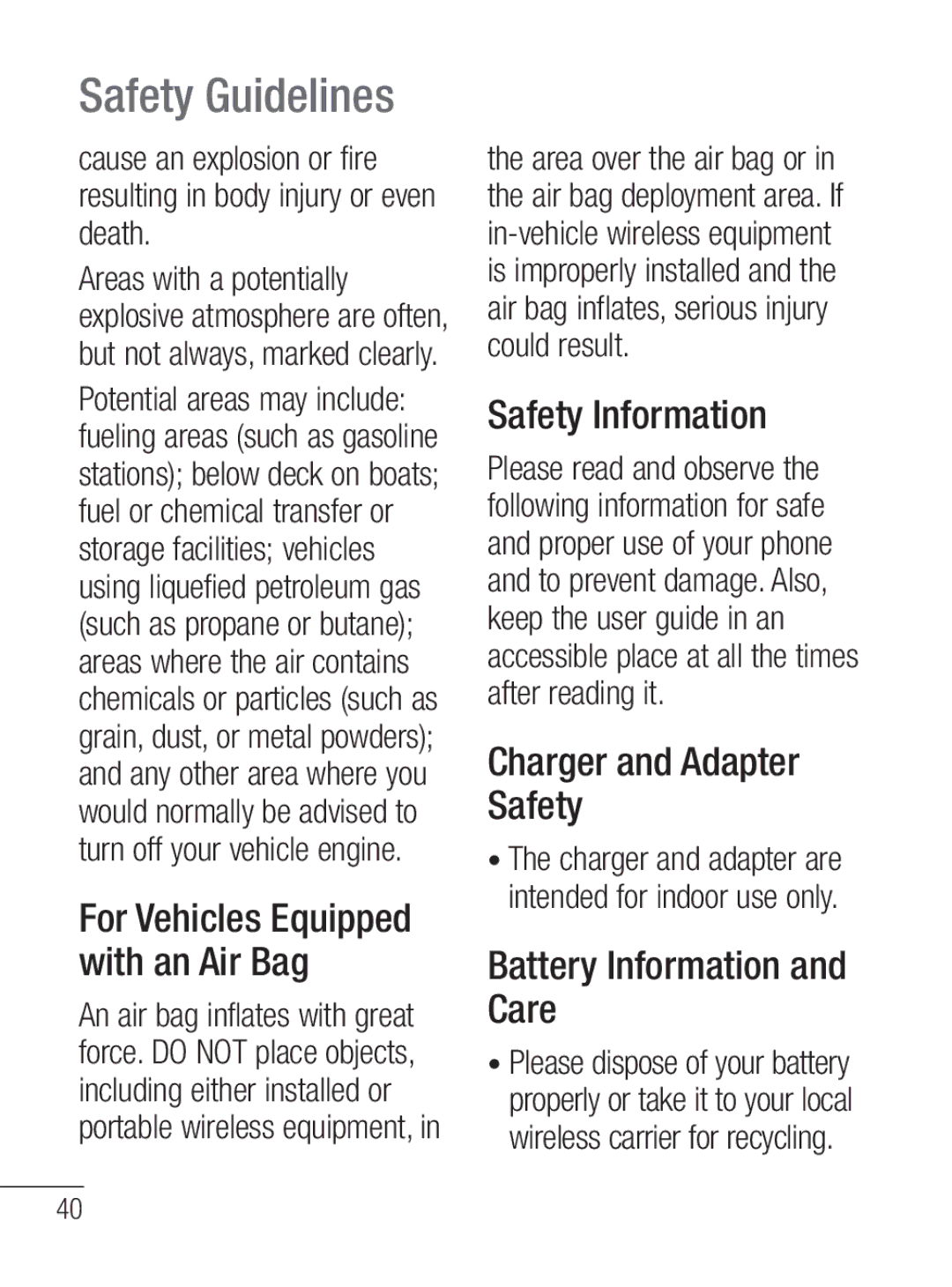 LG Electronics MFL67020402 Charger and Adapter Safety, Battery Information and Care, For Vehicles Equipped with an Air Bag 