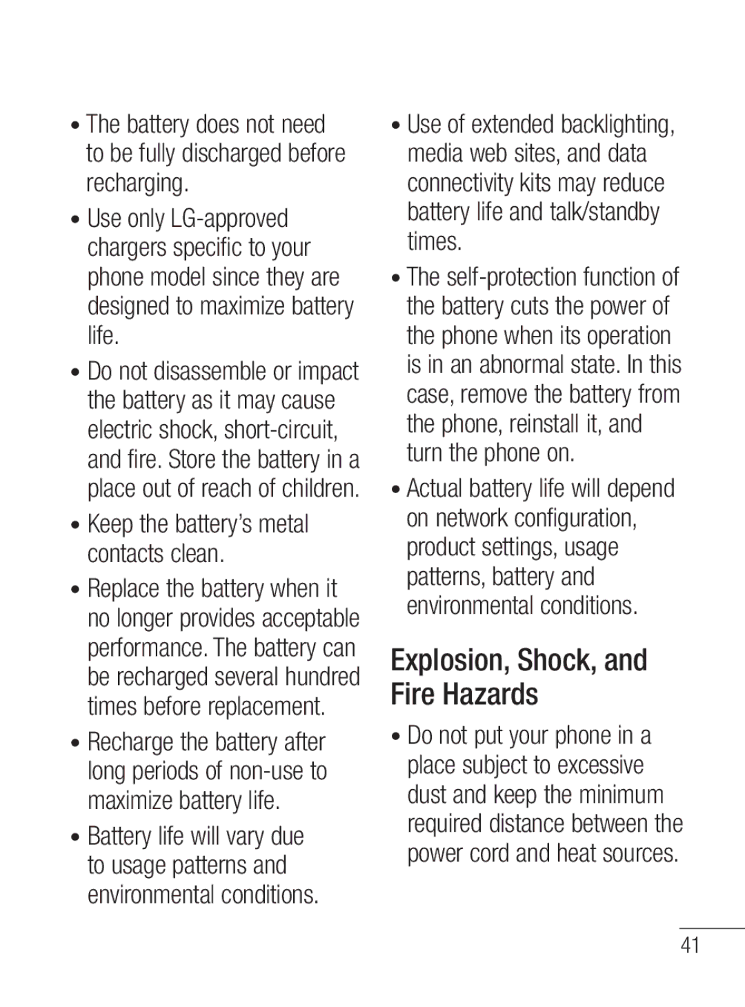 LG Electronics MFL67020402 manual Explosion, Shock, and Fire Hazards, Keep the battery’s metal contacts clean 