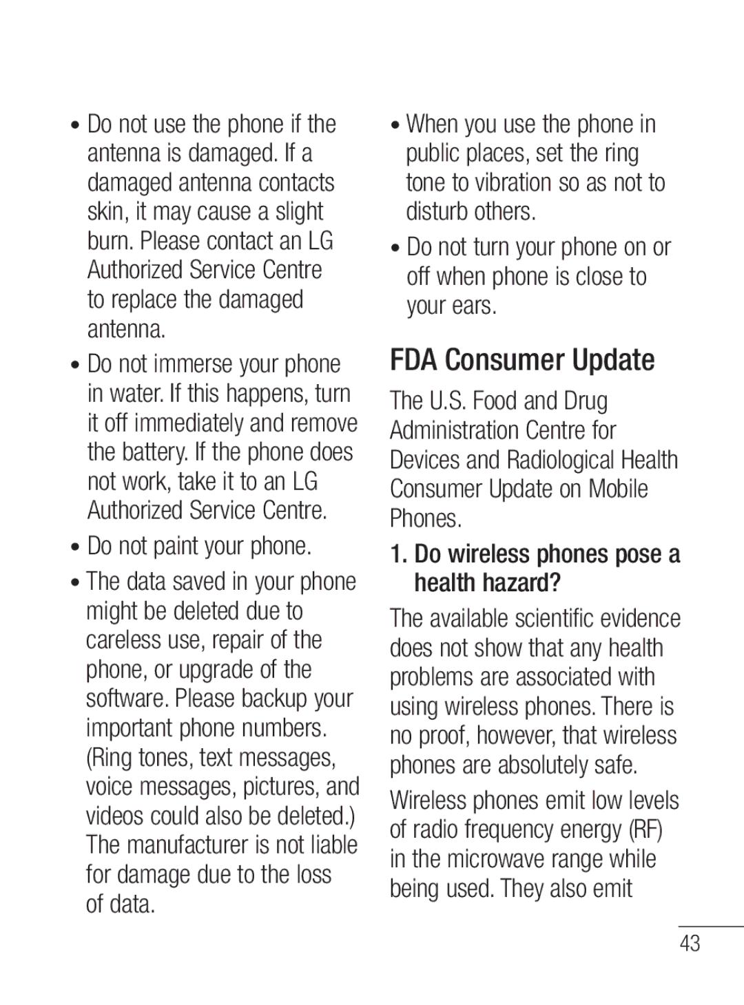 LG Electronics MFL67020402 manual FDA Consumer Update, Do not paint your phone 