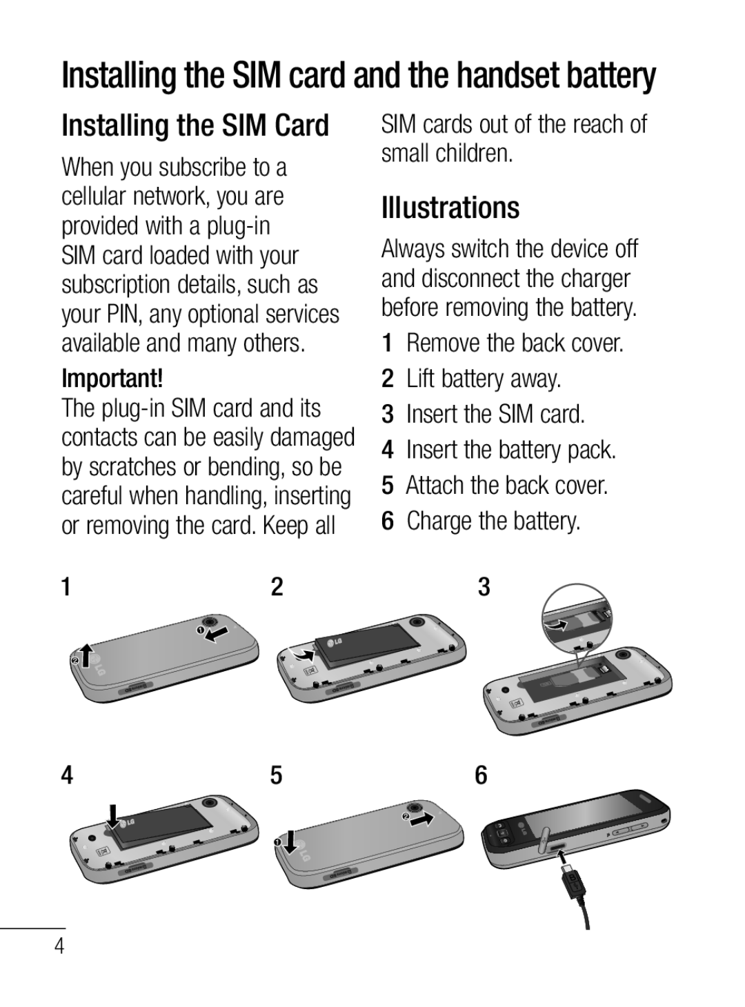 LG Electronics MFL67020402 manual Installing the SIM Card, Illustrations, SIM cards out of the reach of small children 